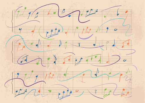 Vector illustration of a Dynamic Musical Score multicolored sketchs on it.