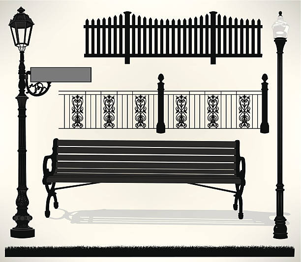 садовая скамья обстановке-стрит знак, легких, забор - street light illustrations stock illustrations