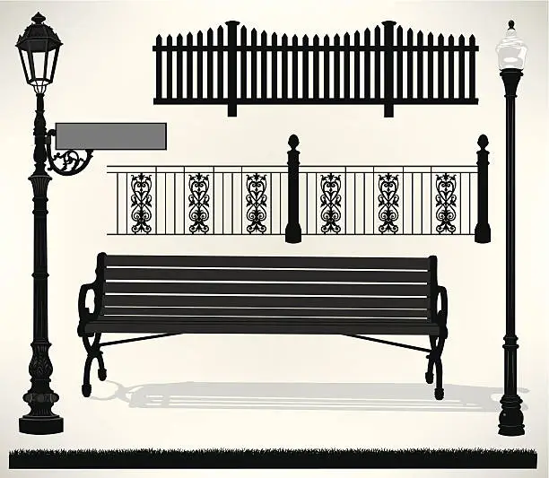 Vector illustration of Park Bench Setting - Street Sign, Light, Fence