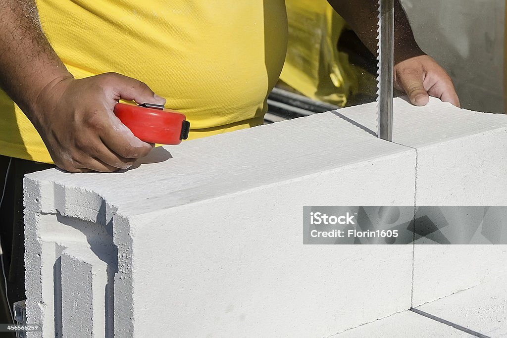 Mason Using Blocks Mason Working With Construction Blocks Made From Aerated Concrete Stock ...