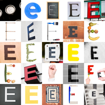 Collage with 25 images of letter E