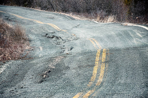 Permafrost Damaged Road, Yellowknife, Northwest territories. stock photo