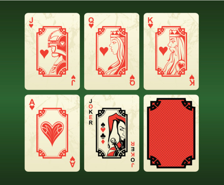 Grunge playing cards (hearts): Jack, Queen, King, Ace, Jocker. (from hand made drawing).