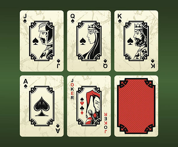 Playing cards (spades) Grunge playing cards (spades): Jack, Queen, King, Ace, Jocker. (from hand made drawing). clubs playing card illustrations stock illustrations
