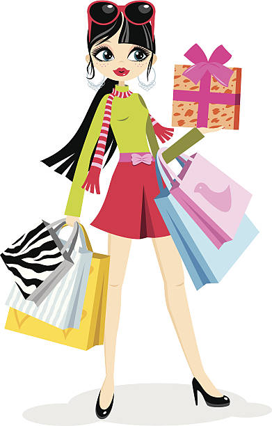 торговый девушки розовый юбка - earring customer retail shopping stock illustrations
