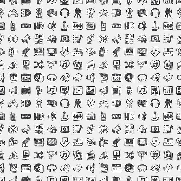 Pattern of technology, media and social icons seamless doodle media pattern radio drawings stock illustrations
