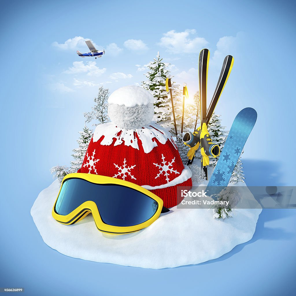 skiing equipment skiing equipment on the snowdrift at blue background. Winter holidays Group Of Objects Stock Photo