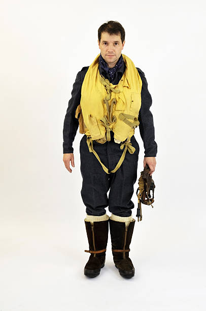 Full length shot of uniform worn by British RAF aircrews during World War Two. Blue/grey battledress with yellow 1941 pattern 