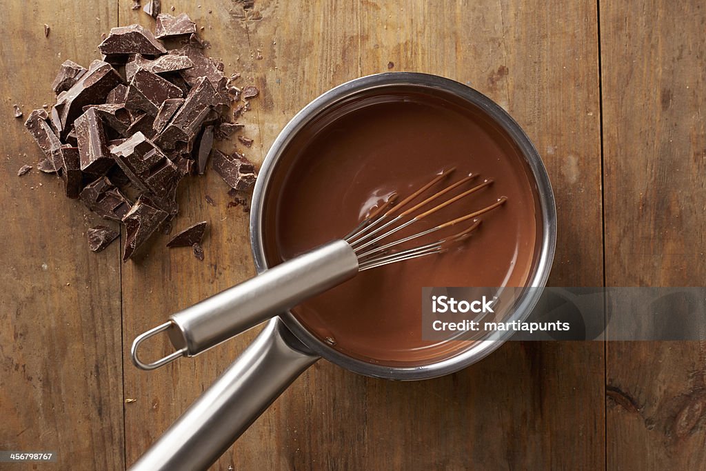 Overhead view of melted chocolate in a pot with a whisk Preparing hot chocolate in a pot on wooden table overlook shot Chocolate Stock Photo