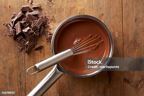 Overhead View Of Melted Chocolate In A Pot With A Whisk Stock Photo - Download Image Now