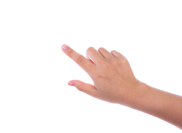 istock Woman hand touching virtual screen isolated on white background 456800443