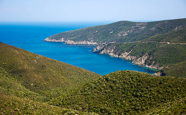 istock Beautiful landscape with blue bay and green hills 456825115