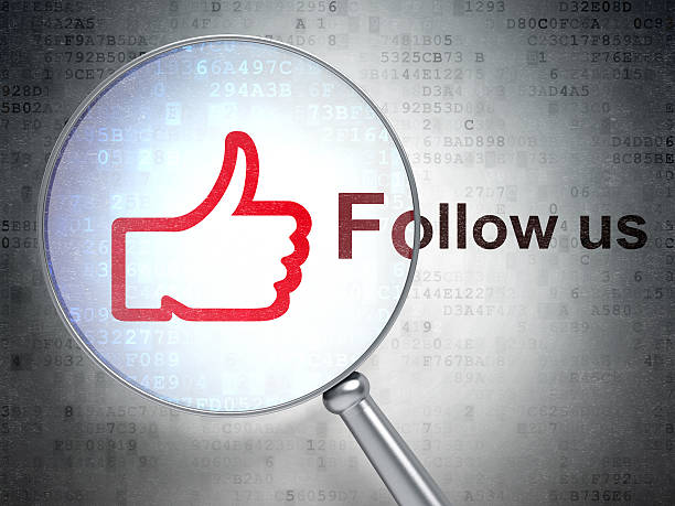 Social network concept: Thumb Up and Follow us with glass