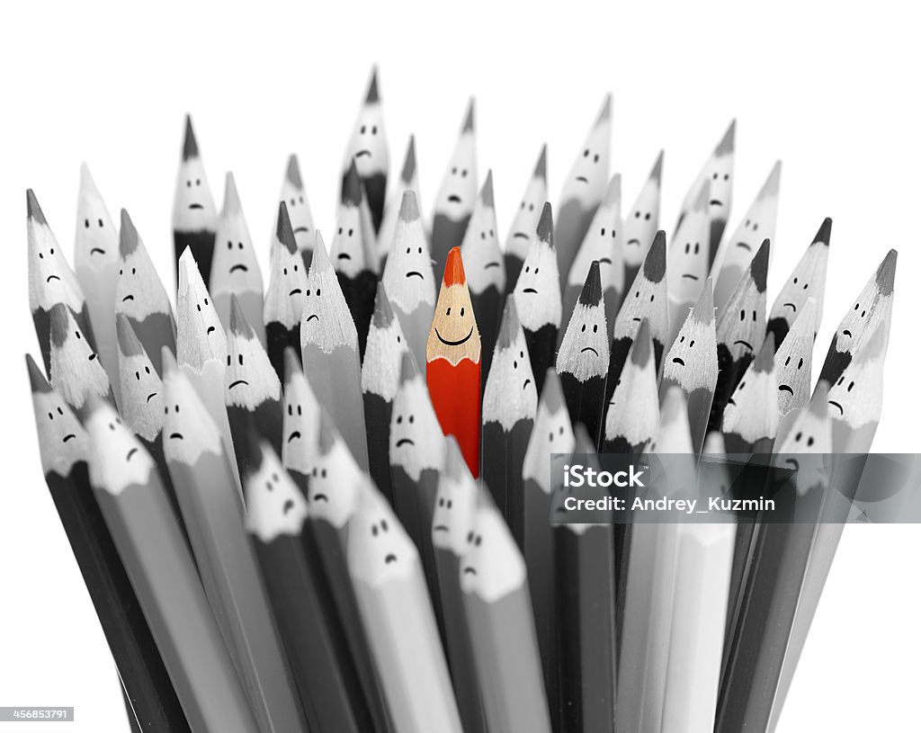 One bright color smiling pencil among bunch sad pencils One bright color smiling pencil among bunch of gray sad pencils Crowd of People Stock Photo