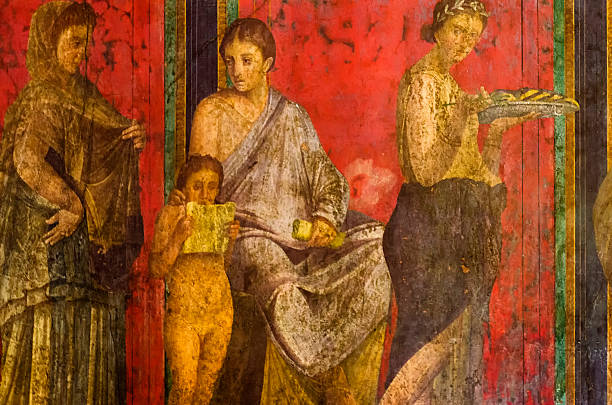 Villa of Mysteries fresco, Dionysiac frieze, Pompeii Dionysiac frieze, Villa of the Mysteries, before 79 C.E., The fresco is thought to represent a ritual of the Eastern mystery cult of Dionysus, the Greek god of wine. fresco stock pictures, royalty-free photos & images