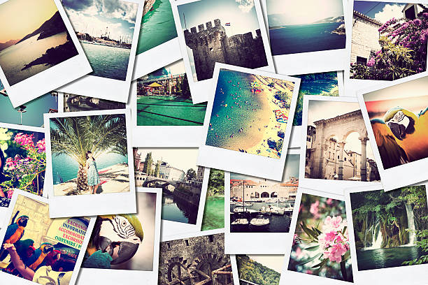 Multiple photographs of vacation scenes mosaic with pictures of different places and landscapes, shooted by myself, simulating a wall of snapshots uploaded to social networking services text photography stock pictures, royalty-free photos & images