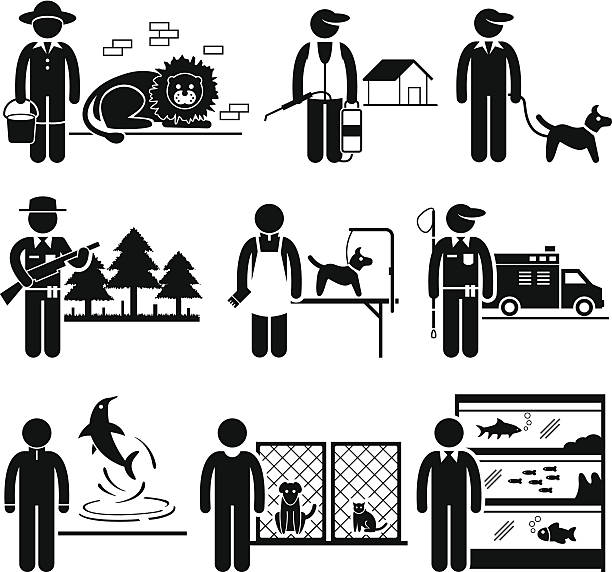 Animals Jobs Occupations Careers A set of human pictograms representing the jobs and professions that is related to animal. They are zookeeper, exterminator, dog trainer, wildlife officer, groomer, animal control, dolphin trainer, animal shelter, and aquarium. custodian silhouette stock illustrations