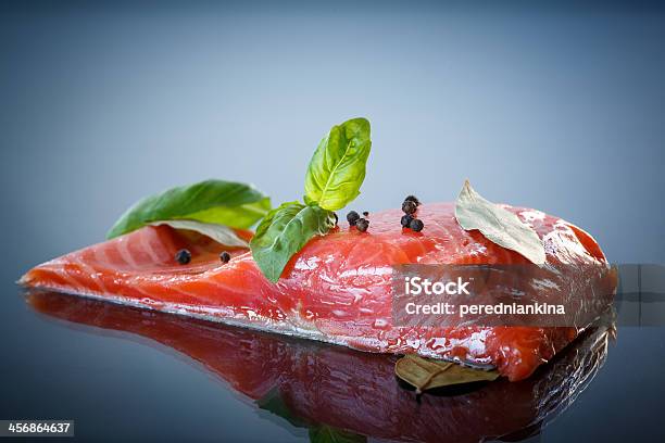 Salted Salmon Fillets Stock Photo - Download Image Now - Appetizer, Basil, Black Color