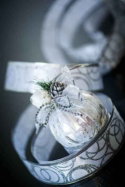 istock Christmas card with silver balls and ribbon 456864663