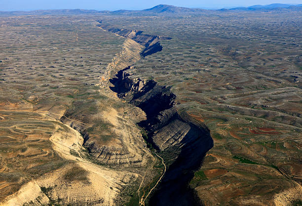 Landscape view of jagged fault line Aerial photograph of Geological landform,  Mersin – Turkey  fault geology stock pictures, royalty-free photos & images