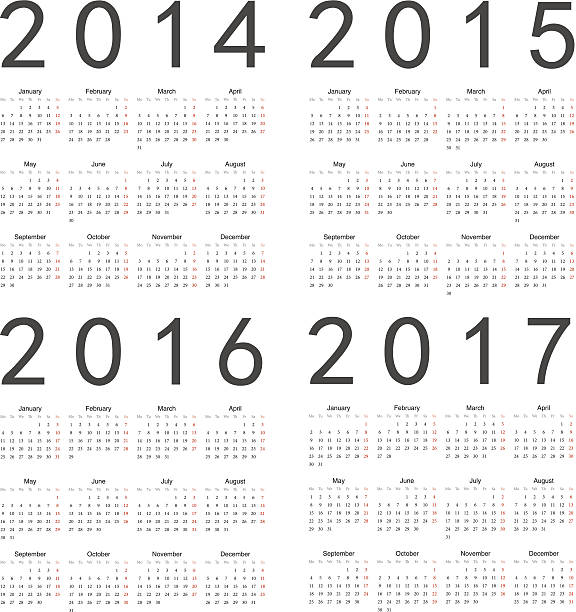 Vector set of square 2014-2017 year calendars Set of square european 2014, 2015, 2016, 2017 year vector calendars. Week starts from Monday. EPS10. 2016 stock illustrations