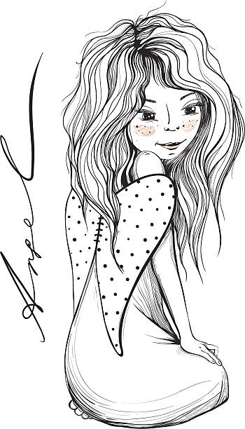 istock Young Angel Girl with Long Hair Inky Drawing 456886613