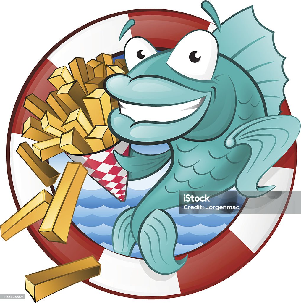 Cartoon Fish and Chips. EPS10 File. Transparencies are used in this Great illustration of a Cute Cartoon Cod Fish eating a tasty Traditional British portion of chips. Hi-res Jpeg, PNG and PDF files included. Fish and Chips stock vector