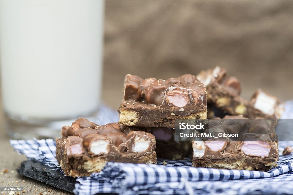 rocky road dessert squares and glass of milk Rocky road squares on rustic background with glass of milk Rocky Road Stock Photo