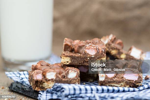 Rocky Road Dessert Squares And Glass Of Milk Stock Photo - Download Image Now - Rocky Road, Oats - Food, Square Shape