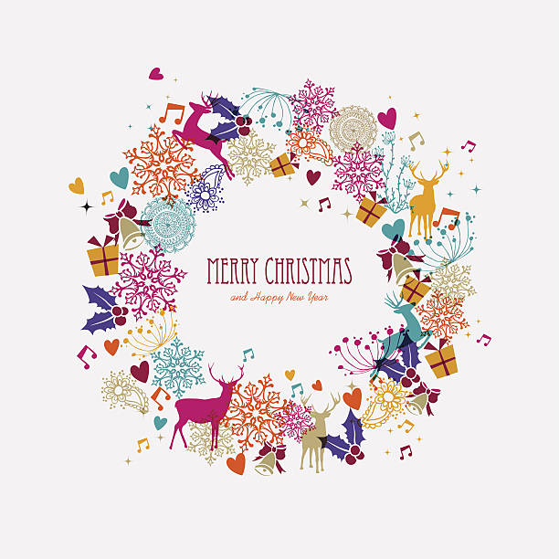 bildbanksillustrationer, clip art samt tecknat material och ikoner med christmas wreath holiday elements illustration - reindeer mist