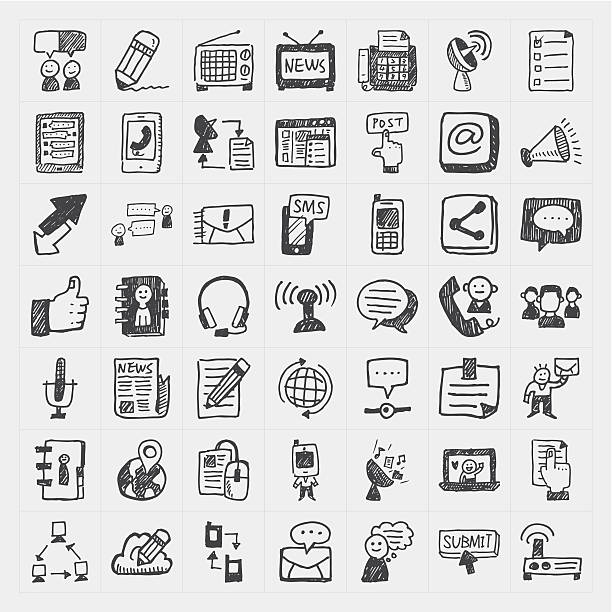 doodle communication icons set doodle communication icons set mass media drawing stock illustrations