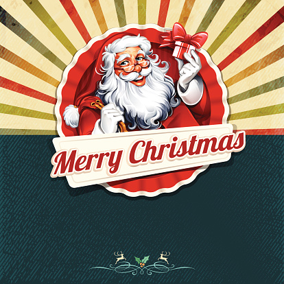 Retro Christmas frame with Santa Claus illustration. Santa Claus illustration, badge, texture and stripes are grouped and layered separately. Eps10 file, illustration contains transparency effects in gradients. AI-Cs and Cs5 files included.