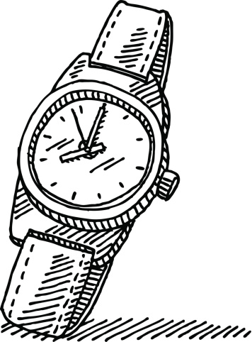 Hand-drawn vector drawing of a Wristwatch. Black-and-White sketch on a transparent background (.eps-file). Included files are EPS (v10) and Hi-Res JPG.