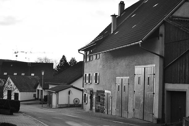 Early morning in the German village, Blumberg, Germany. Black and white.