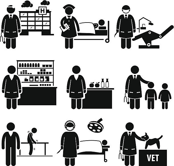 Medical Healthcare Hospital Jobs Occupations Careers A set of human pictograms representing the jobs and professions of people in the industry of medial and healthcare. They are doctor, nurse, dentist, pharmacist, nutritionist, pediatric, physiotherapist, surgeon, and veterinarian. nurse silhouettes stock illustrations