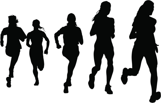 Woman athletes on running race on white background