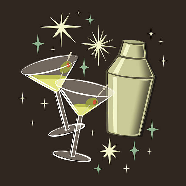 illustrazioni stock, clip art, cartoni animati e icone di tendenza di martini cocktail illustrazione retrò anni 50 - cocktail martini olive vodka