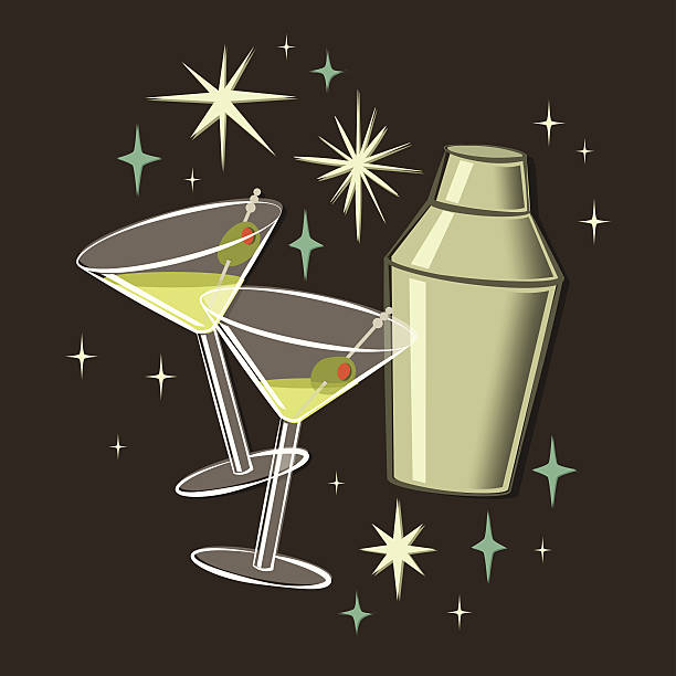 Retro 50s Martini Cocktail Illustration Midcentury style illustration of two martini glasses and a cocktail shaker with starbursts on a solid background. Each object is grouped separately for easy editing and recoloring. Perfect for both print and web projects. mod stock illustrations