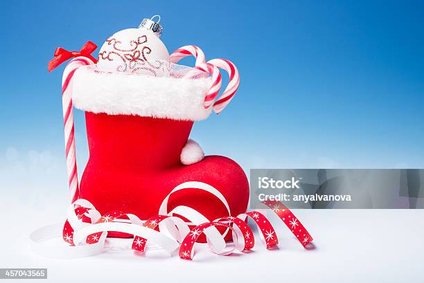 Santas Boot With Candy Canes Text Space Stock Photo - Download Image Now - Blue Background, Boot, Candy