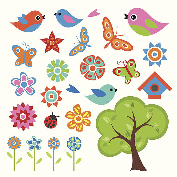 ilustrações, clipart, desenhos animados e ícones de conjunto colorido de primavera - tree bird flower pattern