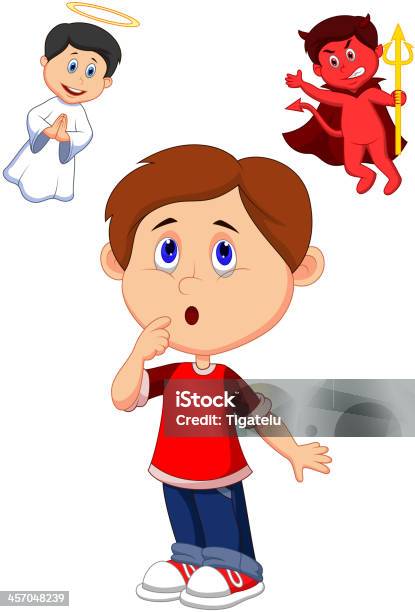 Cartoon Boy Confuse On Choice Between Good And Evil Stock Illustration - Download Image Now