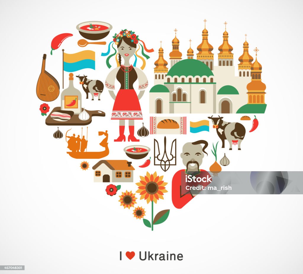 Ukraine Liebe-Herz mit Symbolen und Elemente - Lizenzfrei Kiew Vektorgrafik