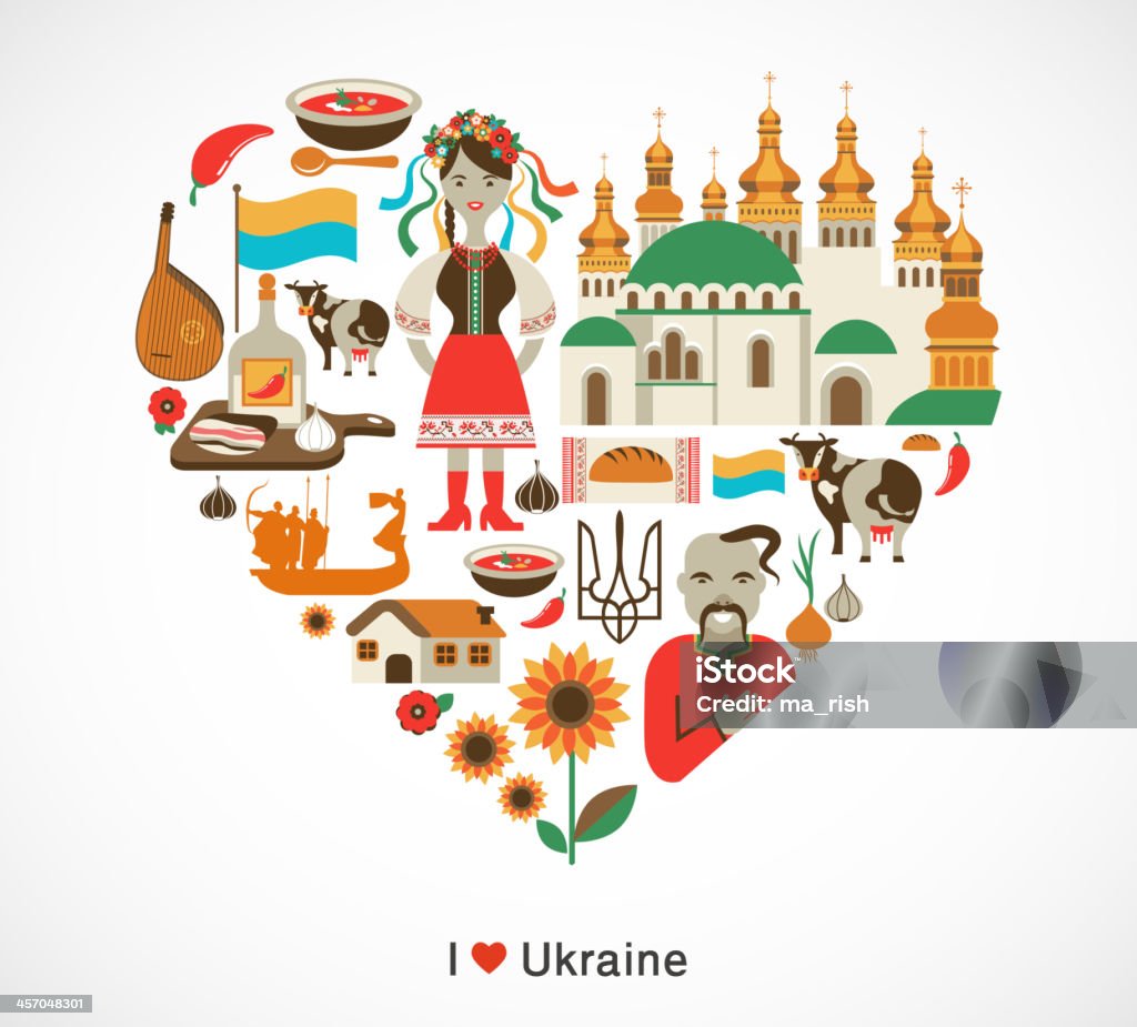 L'Ukraine amour-coeur avec icônes et éléments - clipart vectoriel de Kiev libre de droits