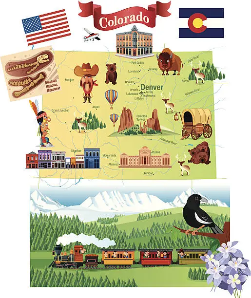 Vector illustration of Cartoon map of Colorado with details about the state