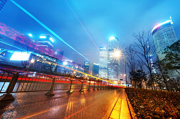 istock light trails on modern building background in shanghai 457067125