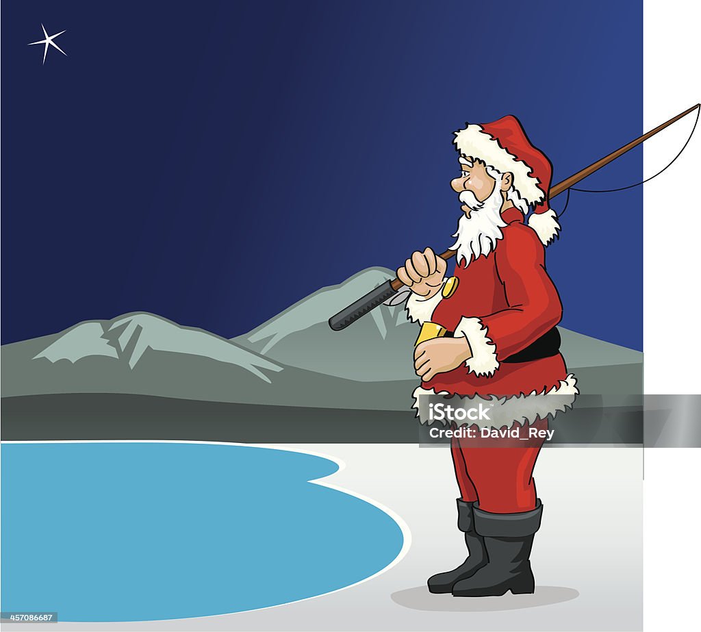 Santa Fisherman illustration of Santa Claus with a fishing reel in front of a lake, about to fish Ice Fishing stock vector