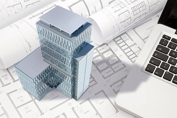 構造の建築設計図、オフィスビルの外観と 3 d モデル - construction three dimensional shape planning architect ストックフォトと画像