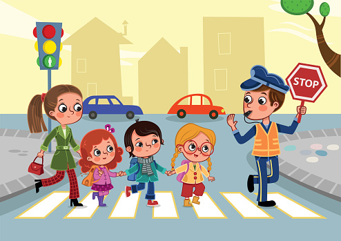 Children crossing the street along with traffic police.