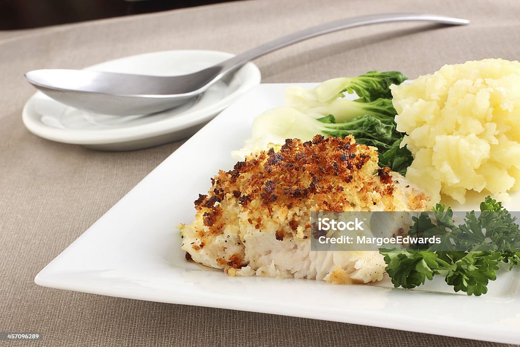 Fried sole Panko covered fish served with a side of garlic mashed potatoes and steamed Chinese cabbage Dover Sole Stock Photo