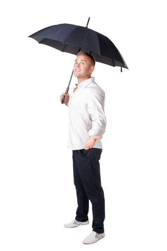 young man under an umbrella with his hand out isolated on white background